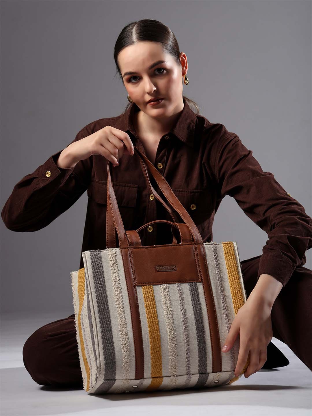 

ENSAC Women Striped Printed Shopper Cotton Tote Bag, Beige
