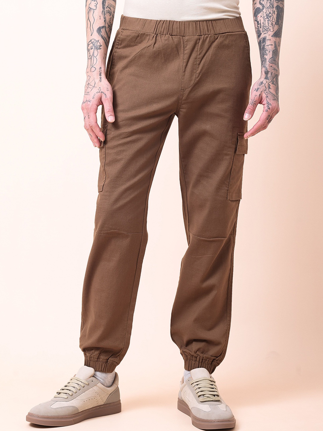 

British Club Men Cotton Smart Slim Fit Low-Rise Joggers Trousers, Brown