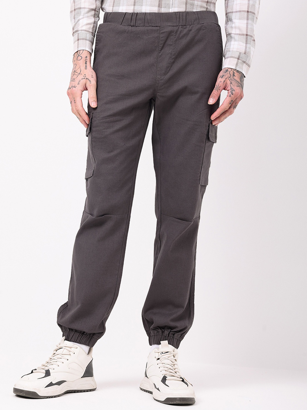 

British Club Men Cotton Smart Slim Fit Low-Rise Joggers Trousers, Grey