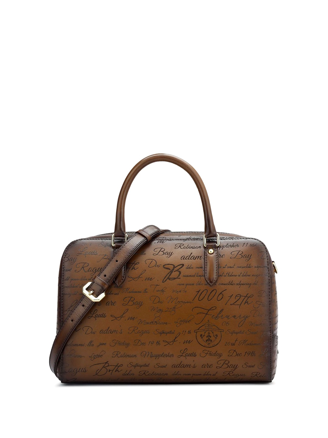 

Da Milano Women Typography Printed Structured Leather Handheld Bag, Brown