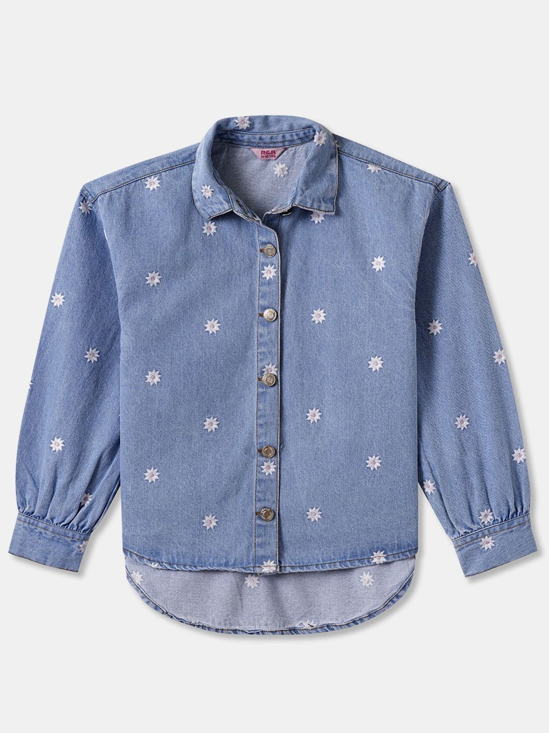 

R&B Girls Floral Embroidered Cotton Shirt Style Top, Blue
