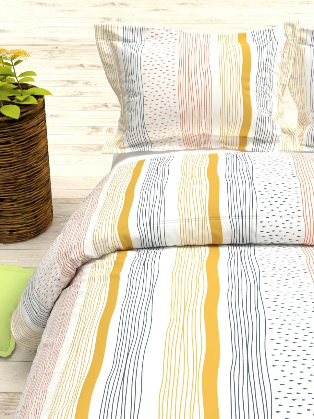 

THE WHITE MOSS White & Yellow Striped 144 TC Queen Bedsheet with 2 Pillow Covers