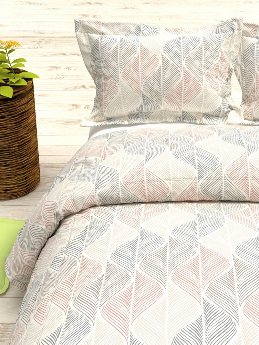 

THE WHITE MOSS Cream-Coloured & Grey Geometric 144 TC Queen Bedsheet with 2 Pillow Covers