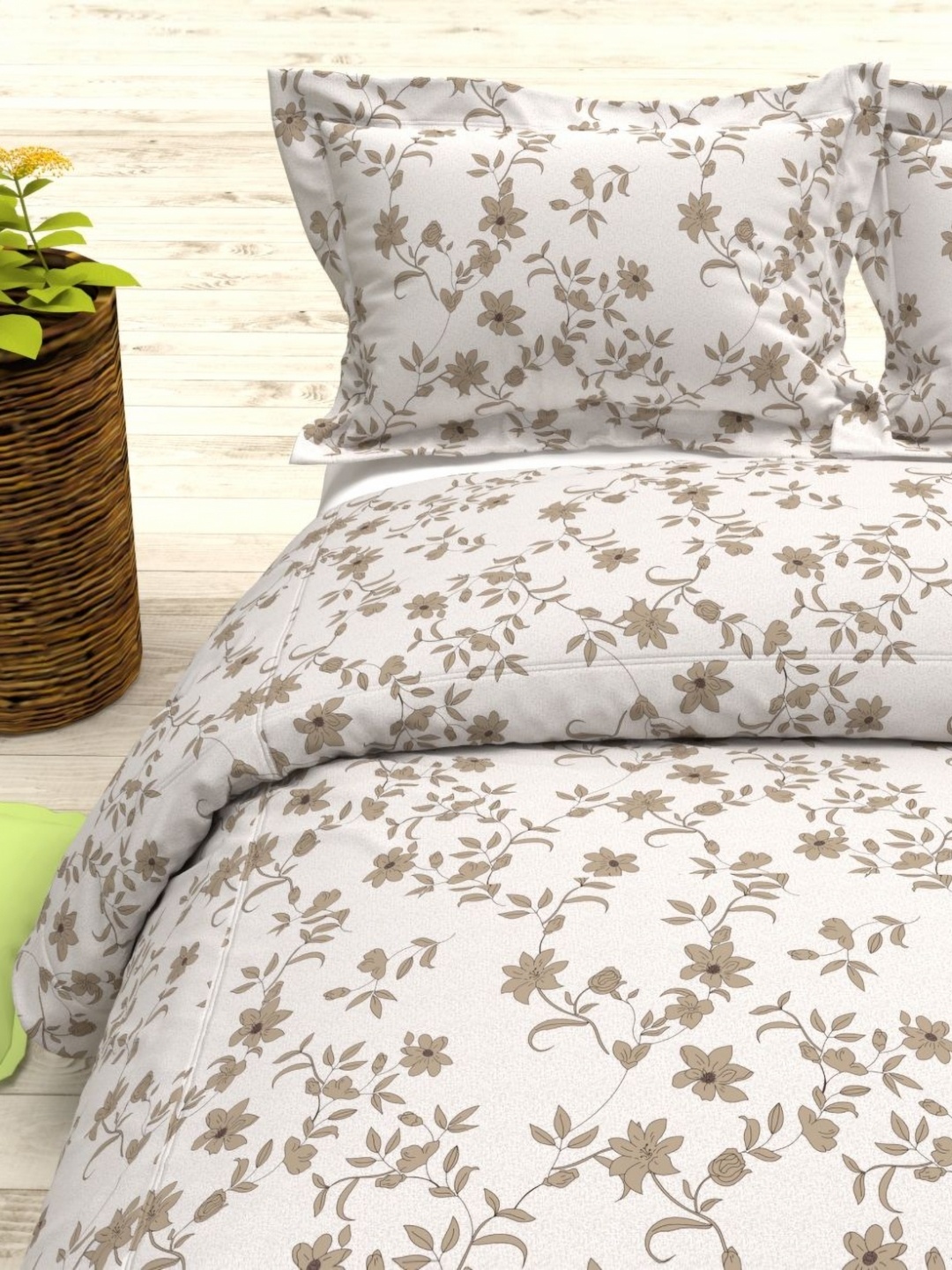 

THE WHITE MOSS White & Beige Floral 144 TC Queen Bedsheet with 2 Pillow Covers