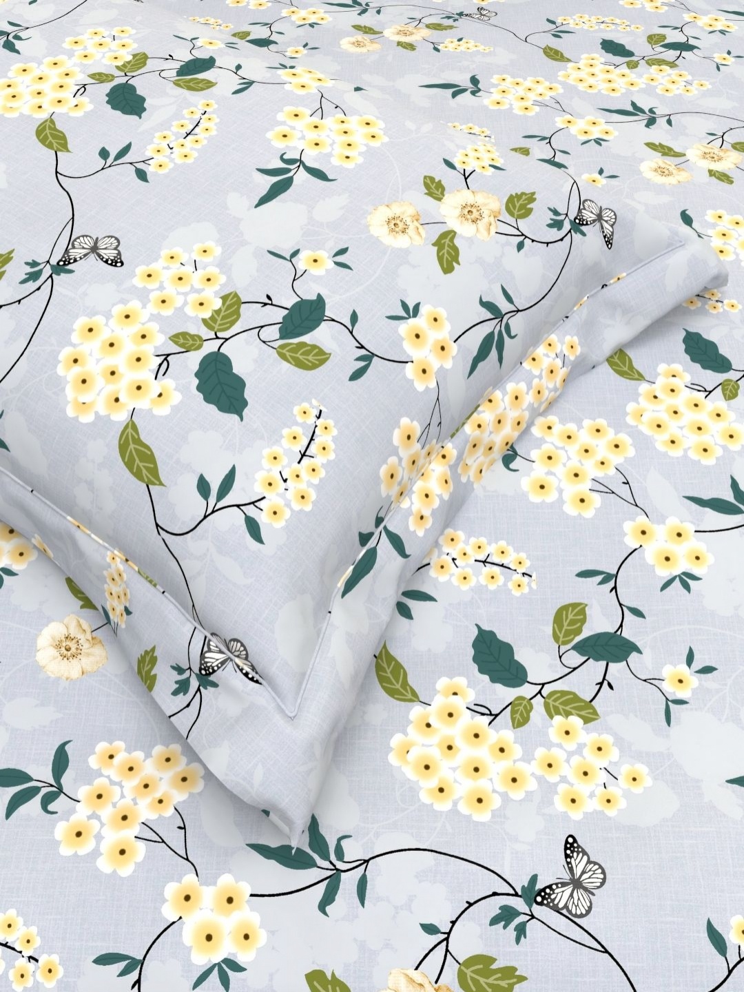 

THE WHITE MOSS Blue & Yellow Floral 144 TC Queen Bedsheet with 2 Pillow Covers