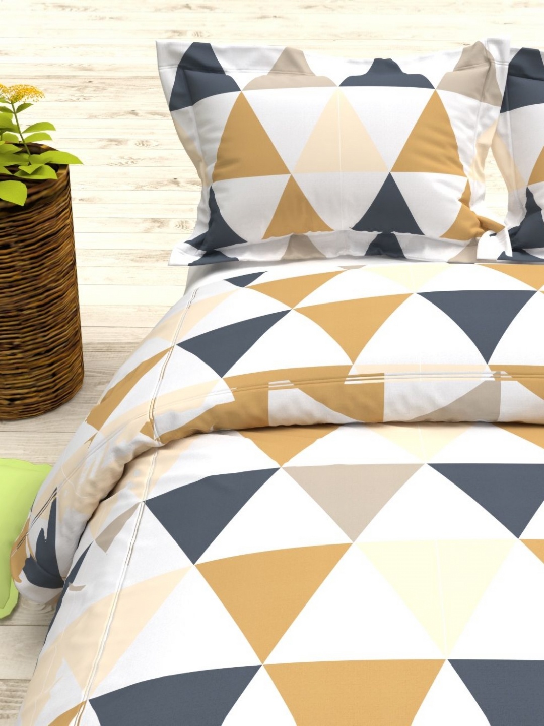 

THE WHITE MOSS White & Mustard Geometric 144 TC Queen Bedsheet with 2 Pillow Covers