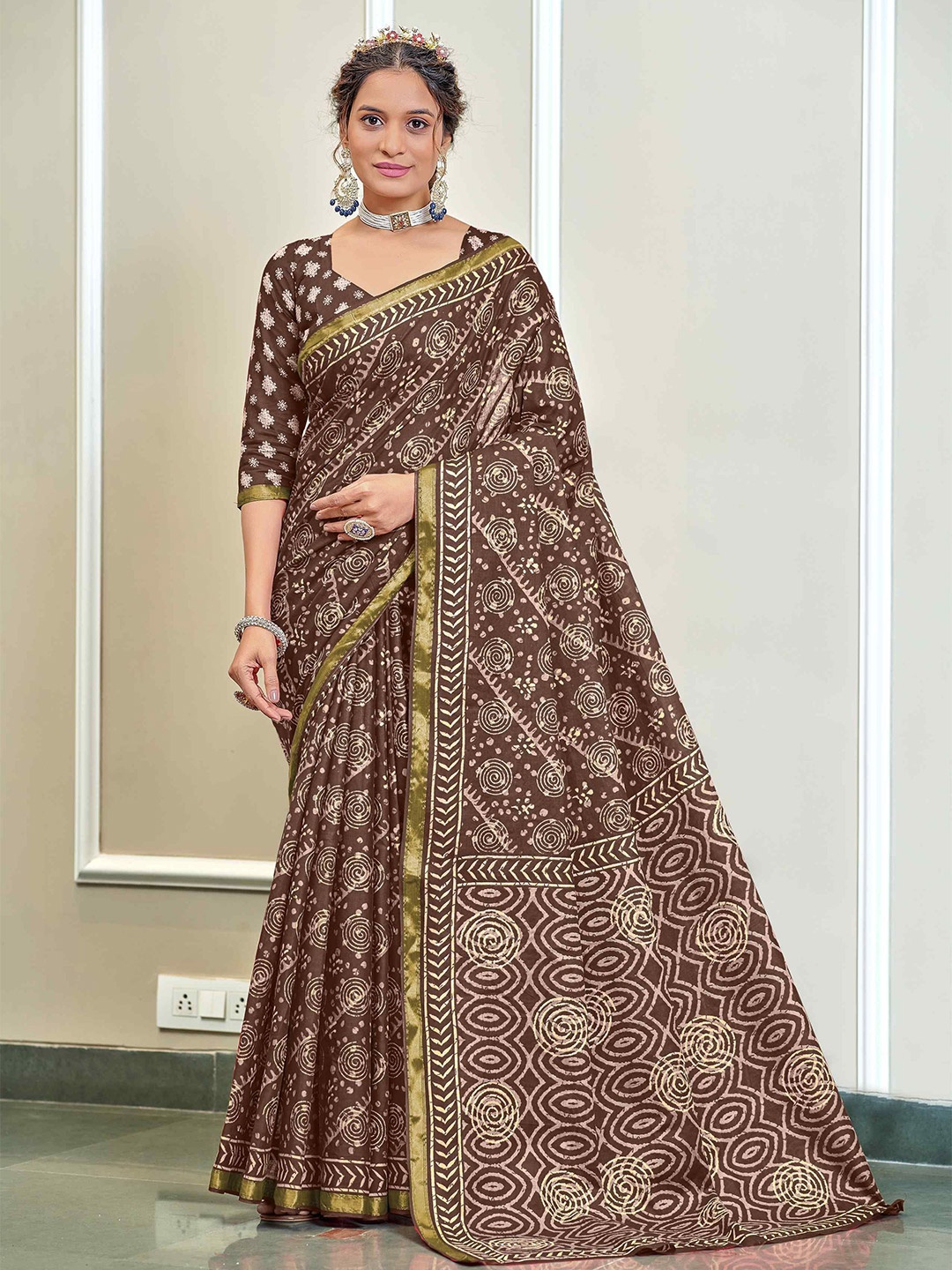 

HERE&NOW Zari Pure Cotton Bagru Saree, Brown