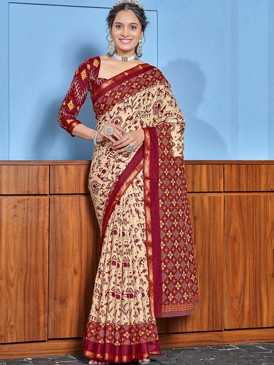 

HERE&NOW Ajrak Printed Pure Cotton Bagru Saree, Maroon