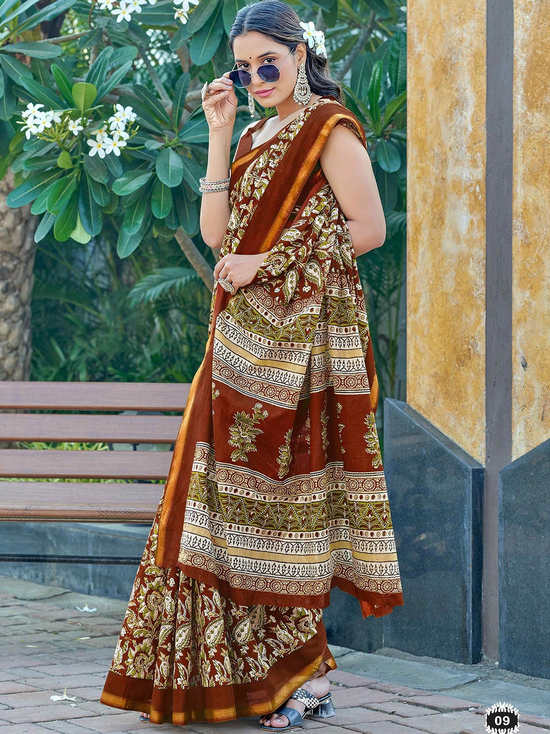 

HERE&NOW Ajrak Block Pure Cotton Bagru Saree, Brown