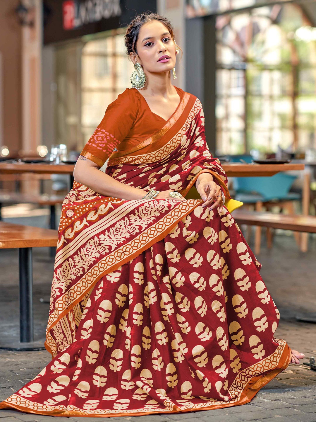 

HERE&NOW Ajrak Block Printed Zari Pure Cotton Bagru Saree, Orange