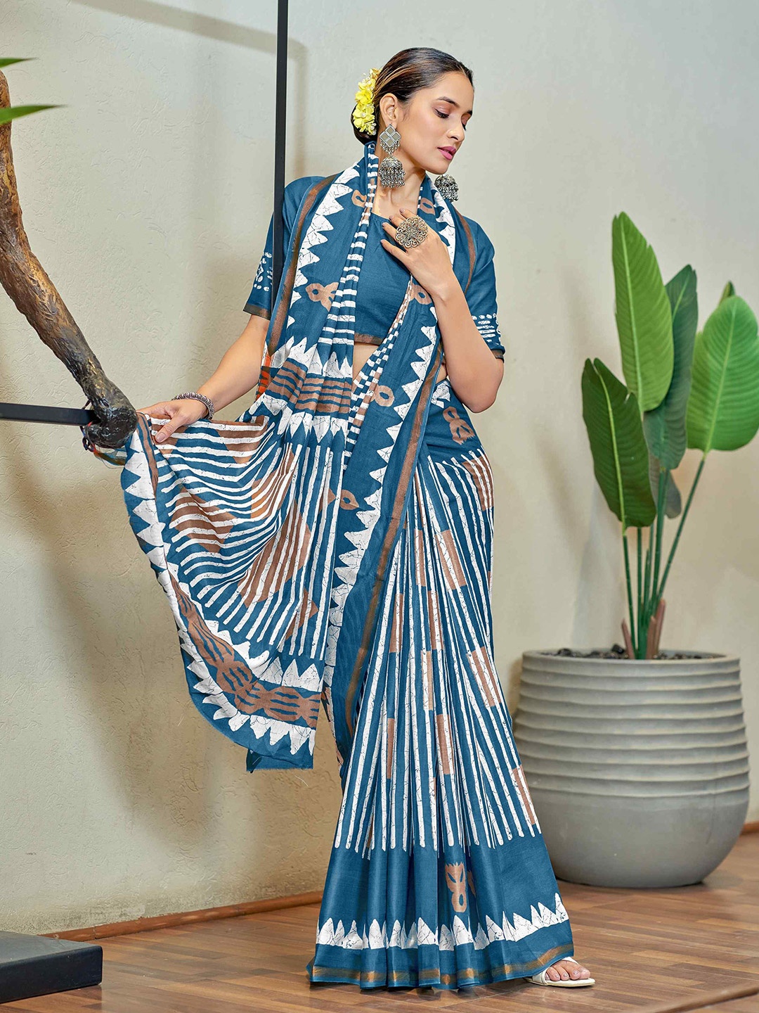 

HERE&NOW Printed Pure Cotton Bagru Saree, Blue