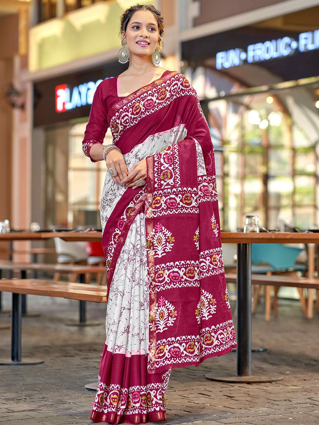

HERE&NOW Ajrak Block Printed Zari Pure Cotton Bagru Saree, Maroon
