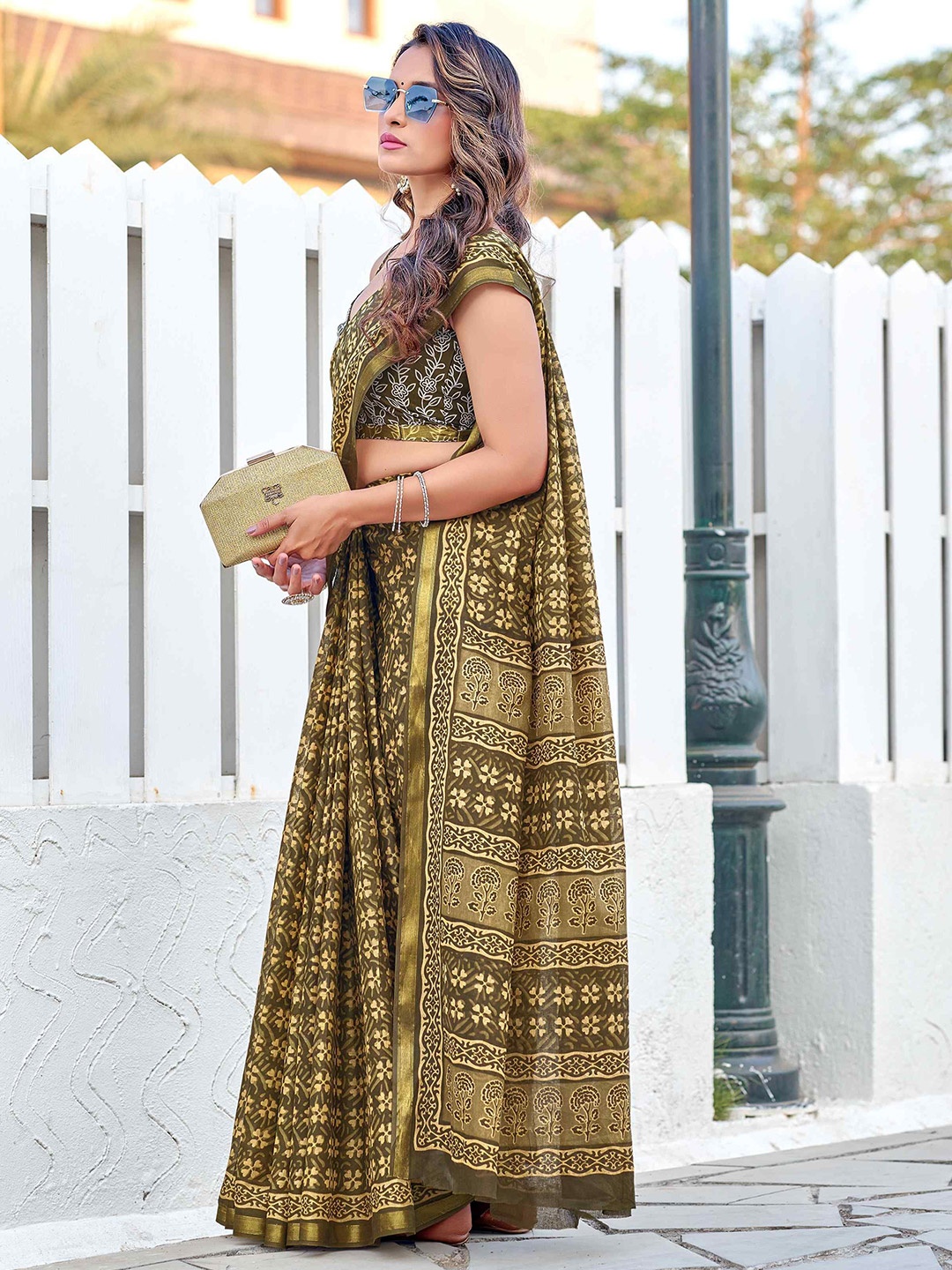 

HERE&NOW Ajrak Block Pure Cotton Bagru Saree, Green