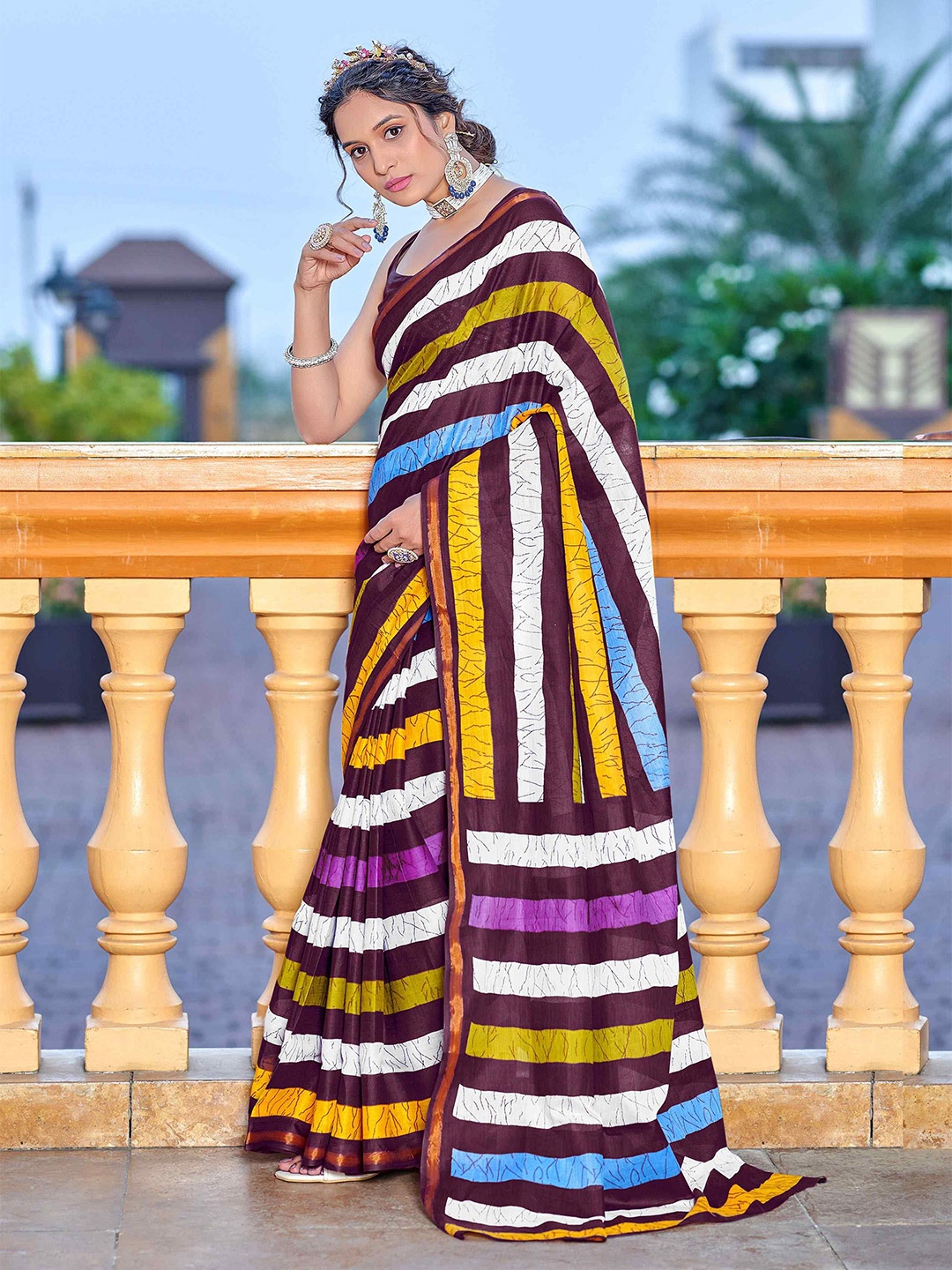 

HERE&NOW Striped Pure Cotton Bagru Saree, White