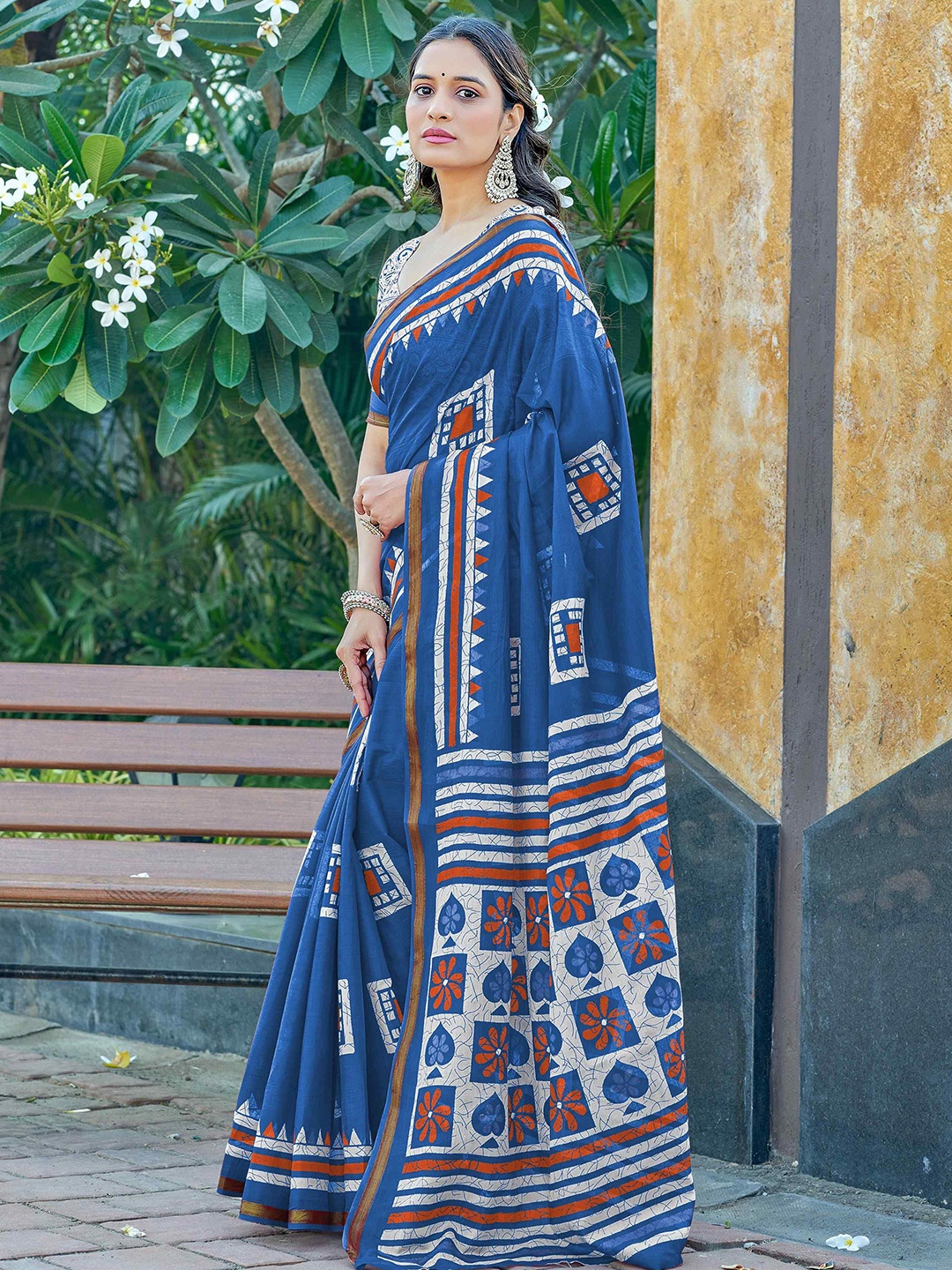 

HERE&NOW Ajrak Block Pure Cotton Bagru Saree, Blue