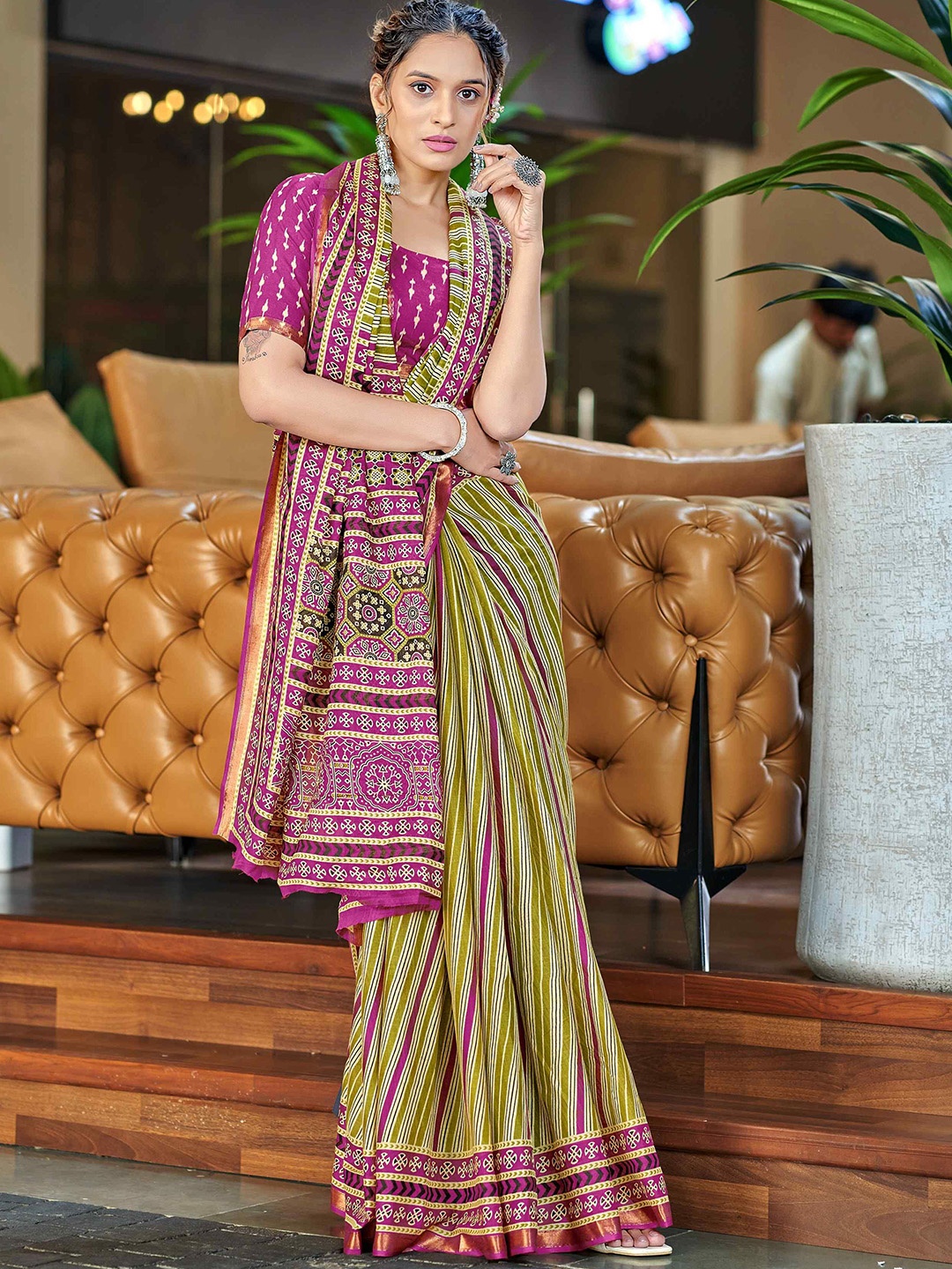 

HERE&NOW Striped Pure Cotton Bagru Saree, Pink
