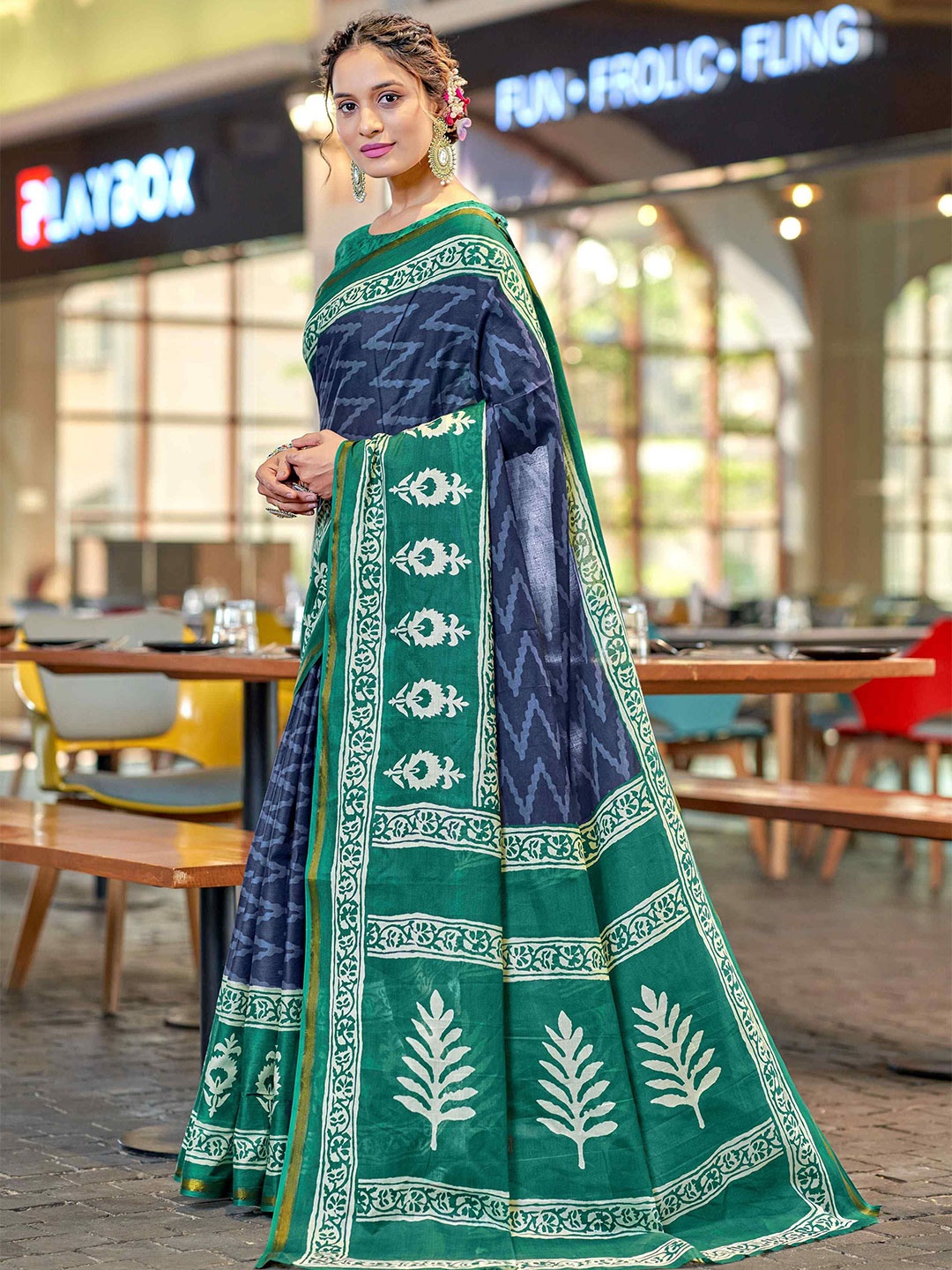 

HERE&NOW Ethnic Motifs Block Pure Cotton Bagru Saree, Navy blue