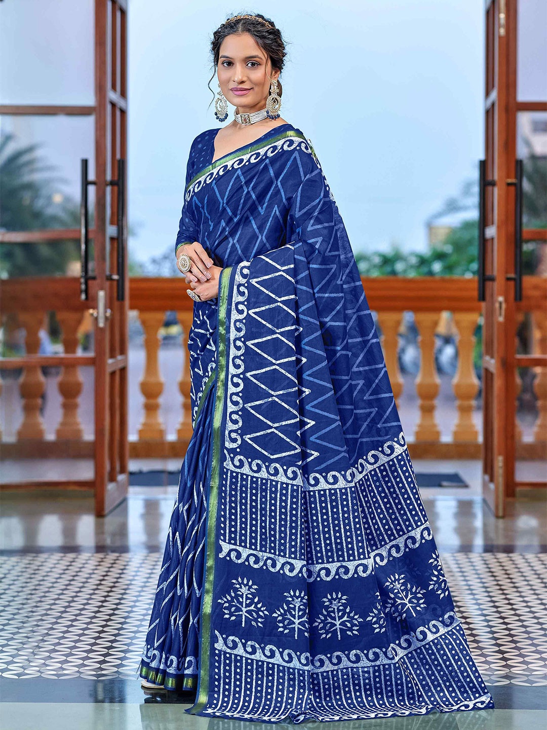 

HERE&NOW Ajrak Block Zari Pure Cotton Bagru Saree, Navy blue