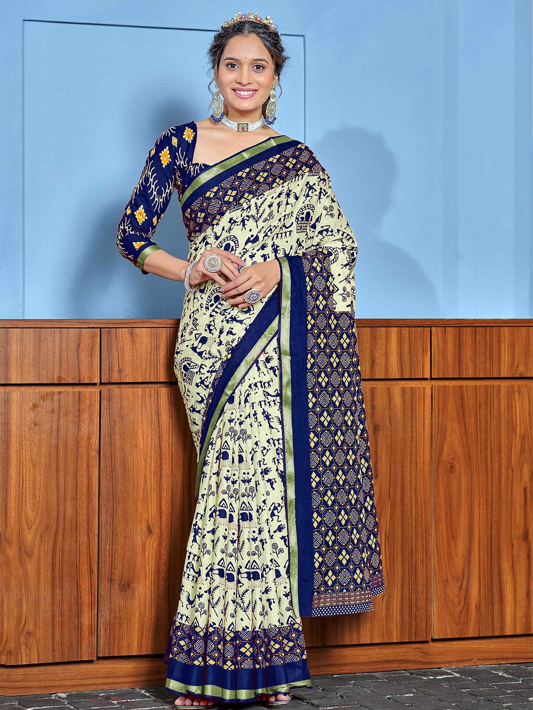 

HERE&NOW Ajrak Block Pure Cotton Bagru Saree, Navy blue