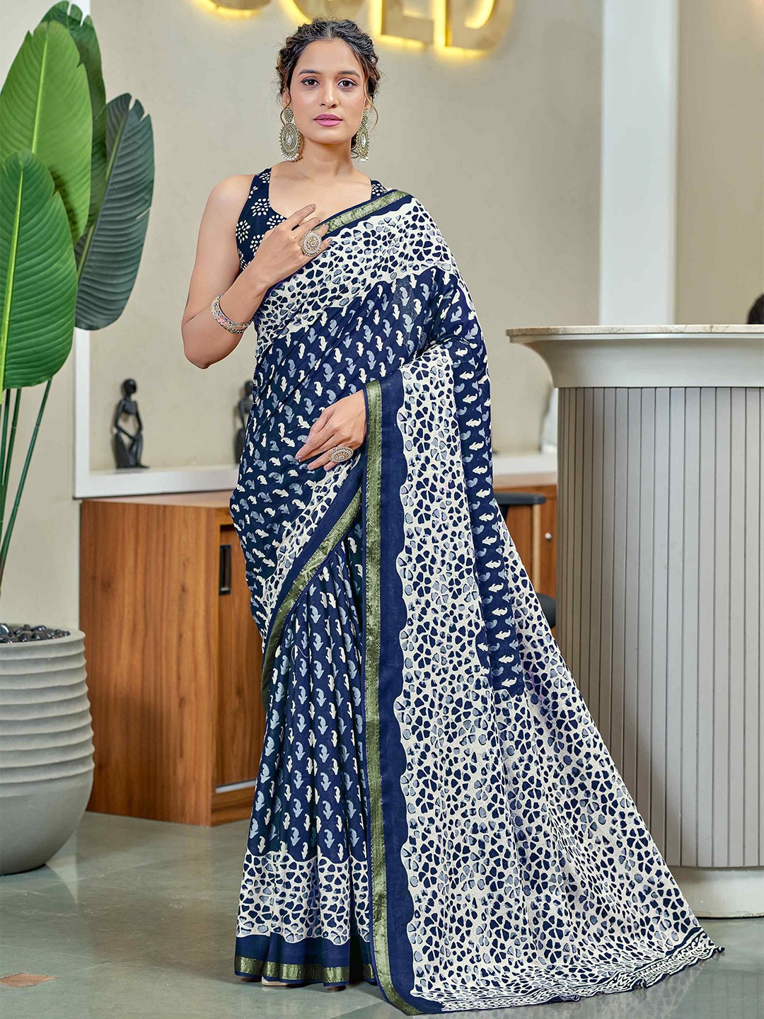 

HERE&NOW Ajrak Block Pure Cotton Bagru Saree, Navy blue