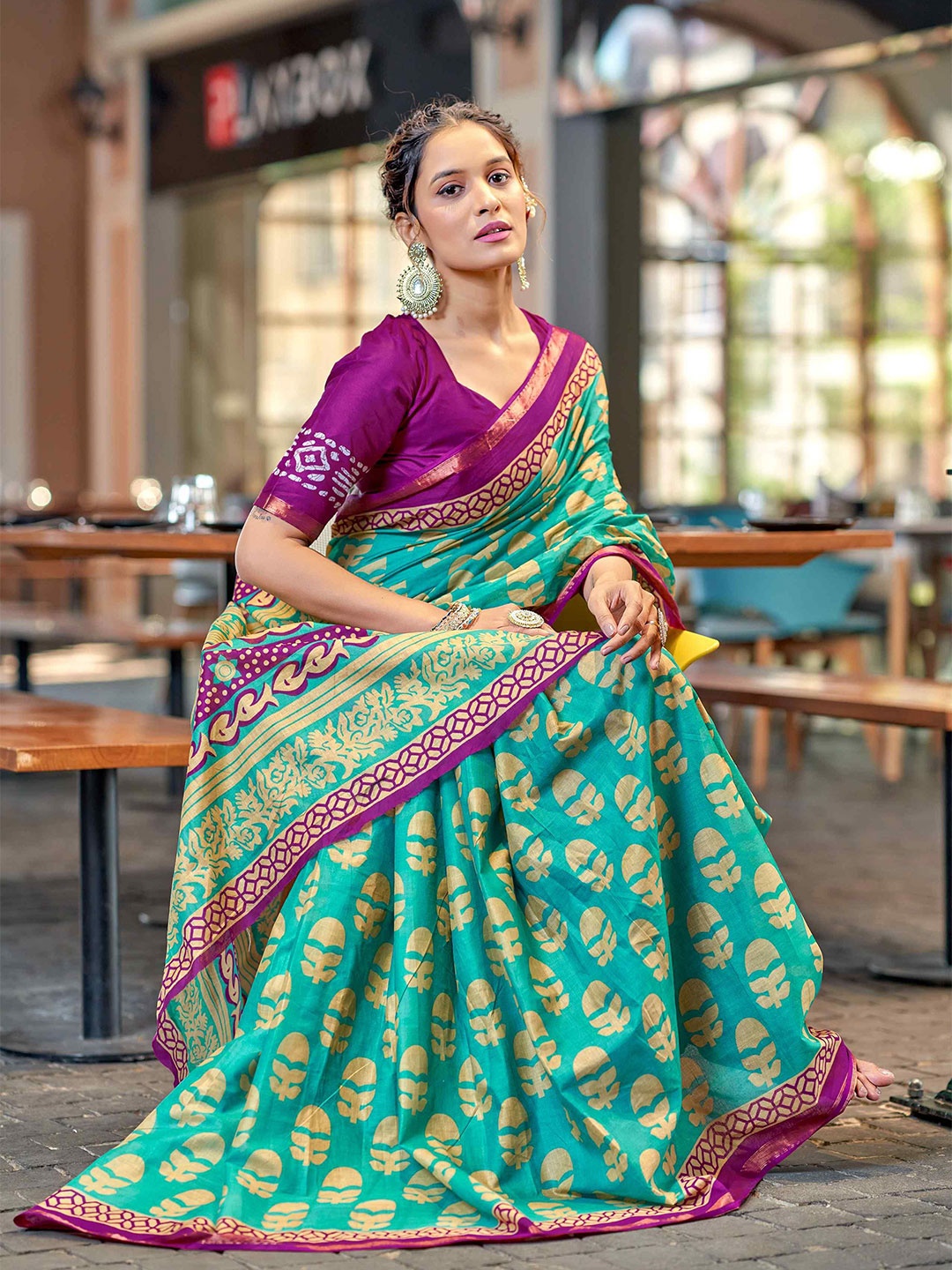 

HERE&NOW Ethnic Motifs Printed Pure Cotton Saree, Pink