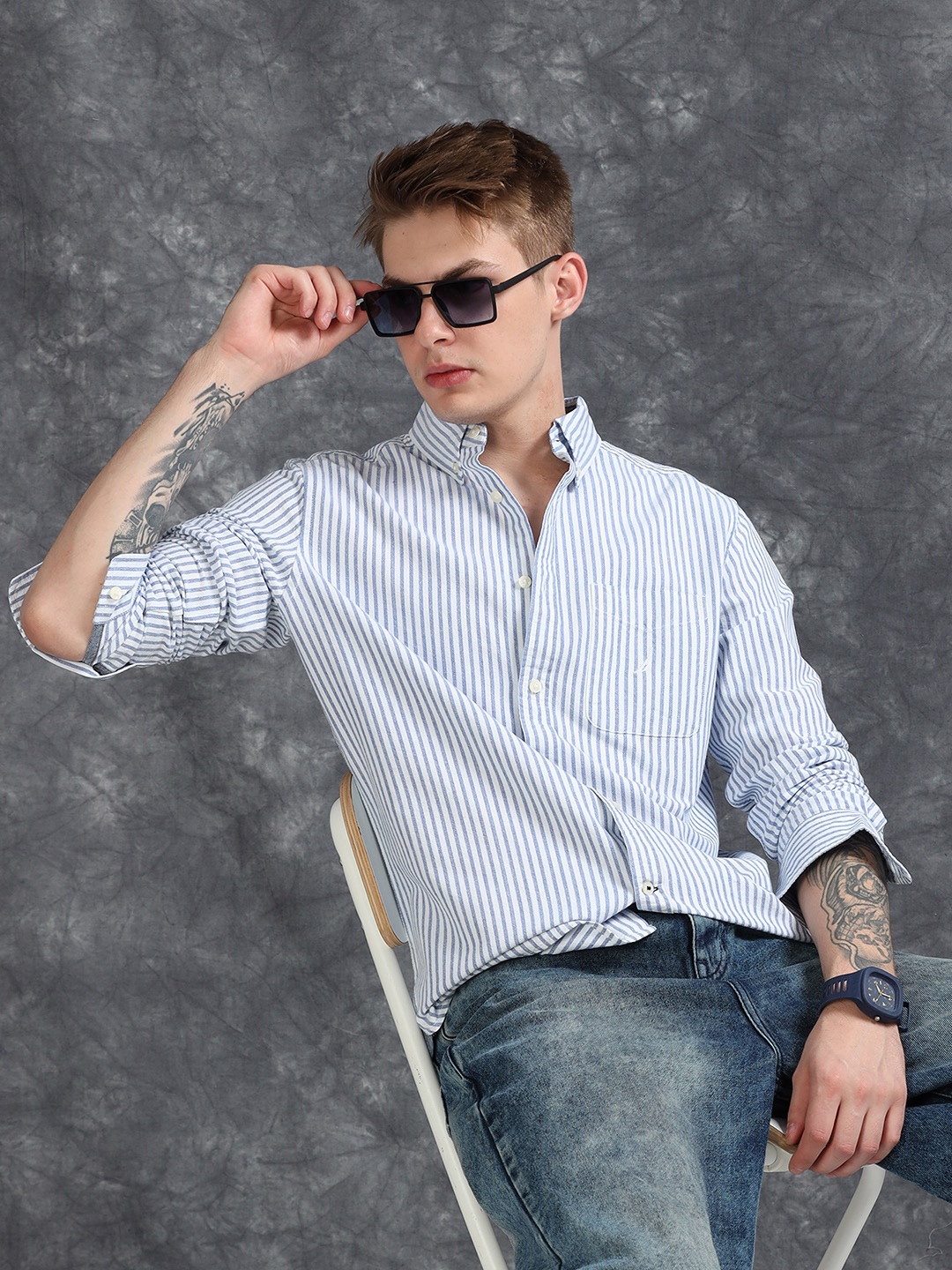 

StitchX Men Relaxed Fit Full Sleeve Striped Cotton Button-Down Collar Casual Shirt, Blue