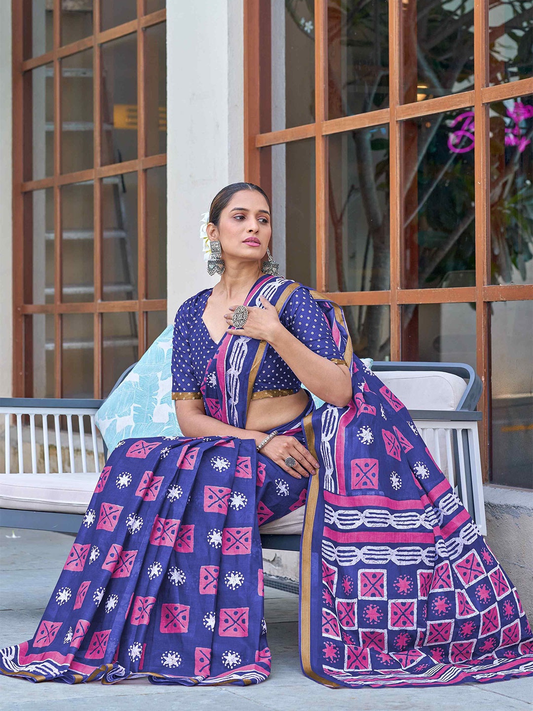 

HERE&NOW Printed Zari Pure Cotton Bagru Saree, Blue