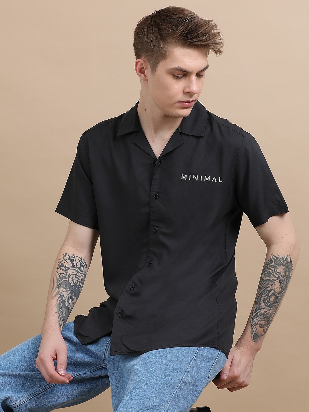 

StitchX Men Slim Fit Half Sleeve Solid Polyester Cuban Collar Shirt, Black