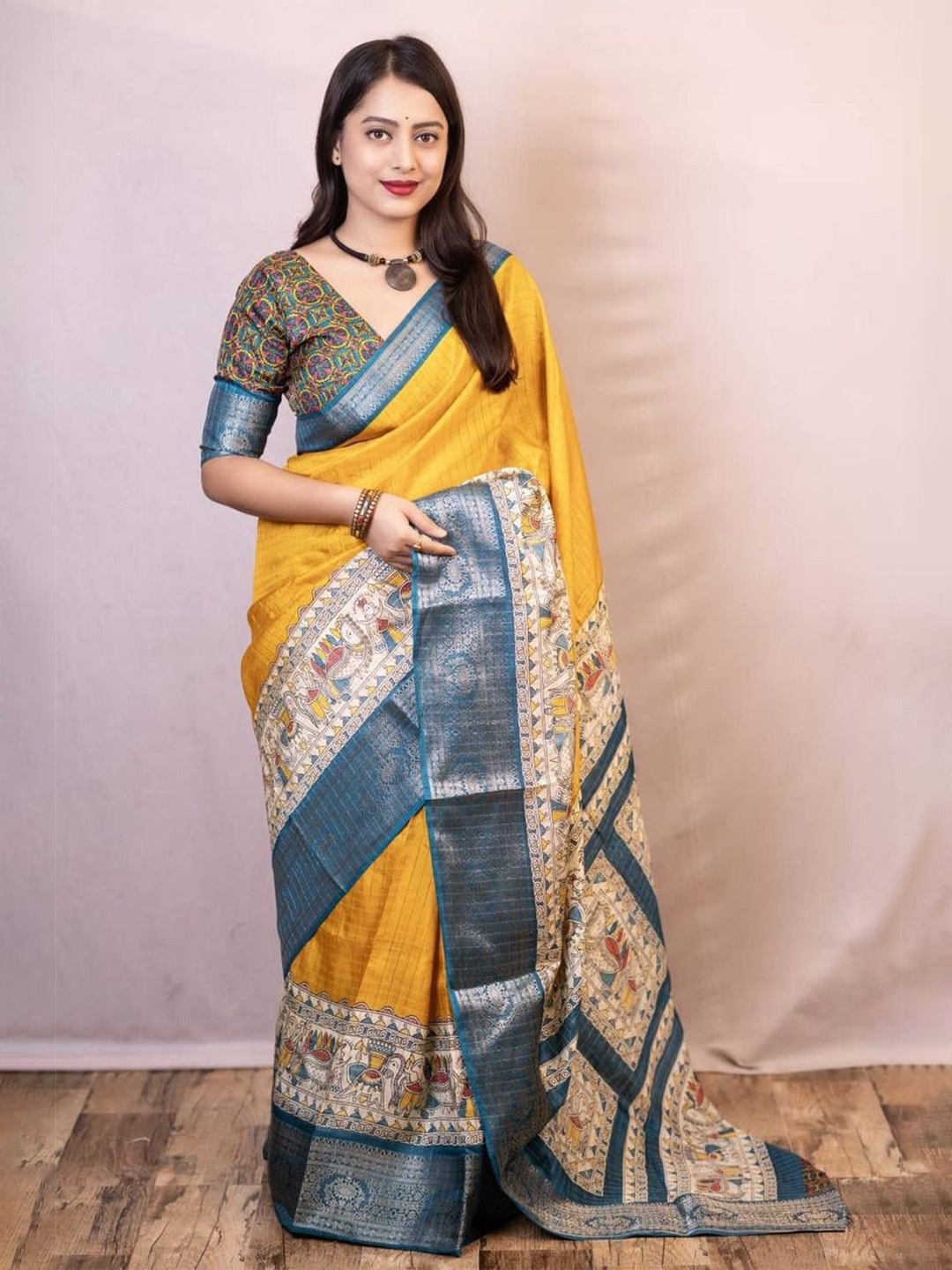 

Anouk Checked Zari Mangalagiri Saree, Yellow