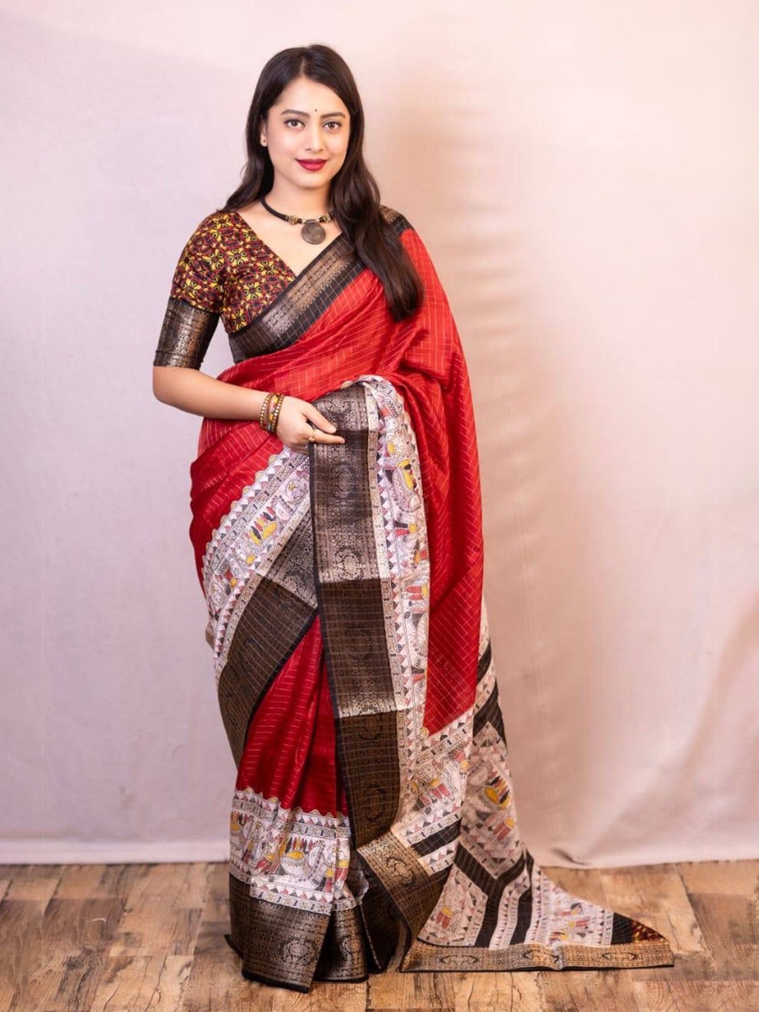 

Anouk Checked Zari Mangalagiri Saree, Red