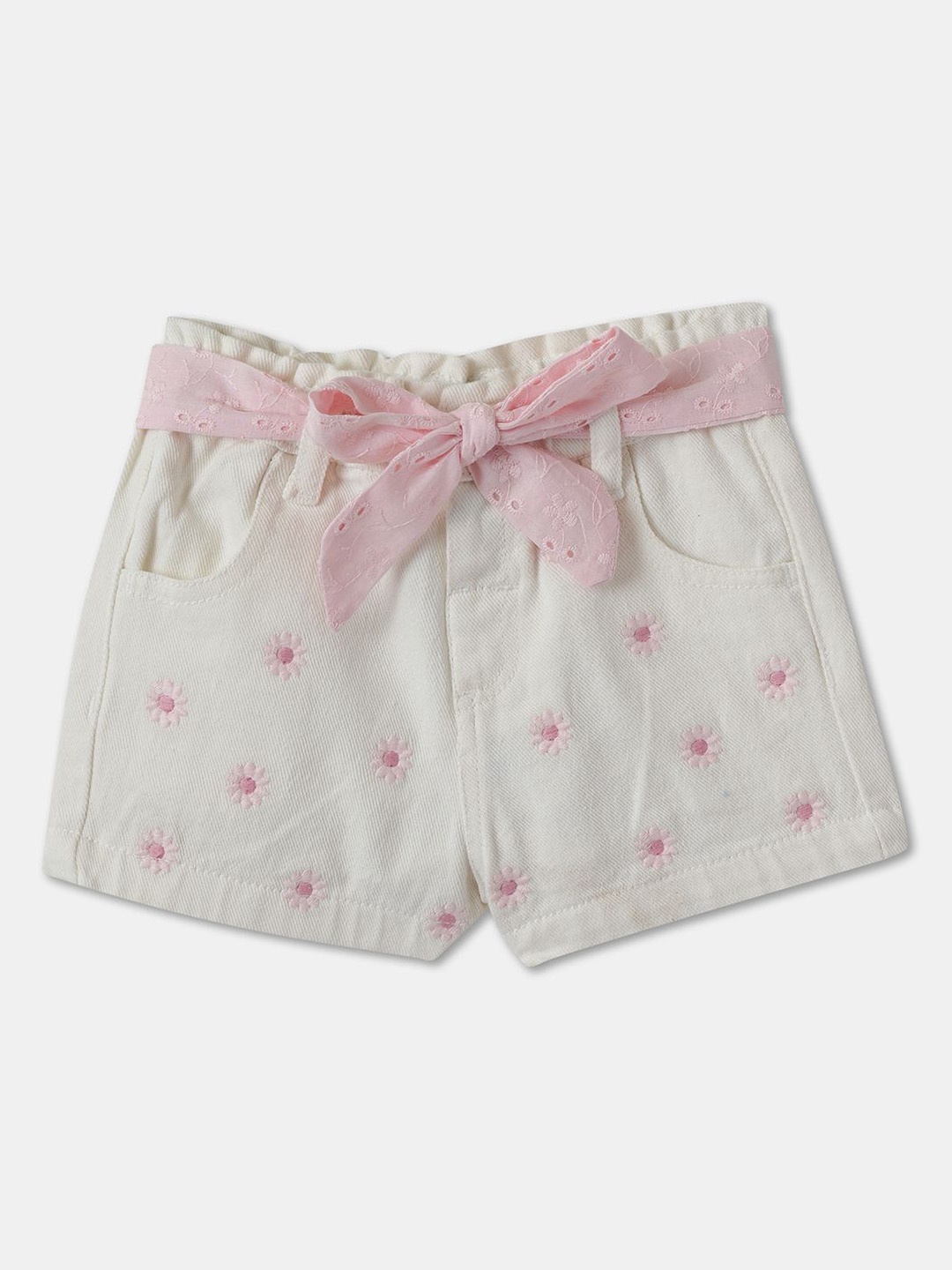 

R&B Girls Cotton Floral Printed Mid-Rise Regular Fit Denim Shorts, White