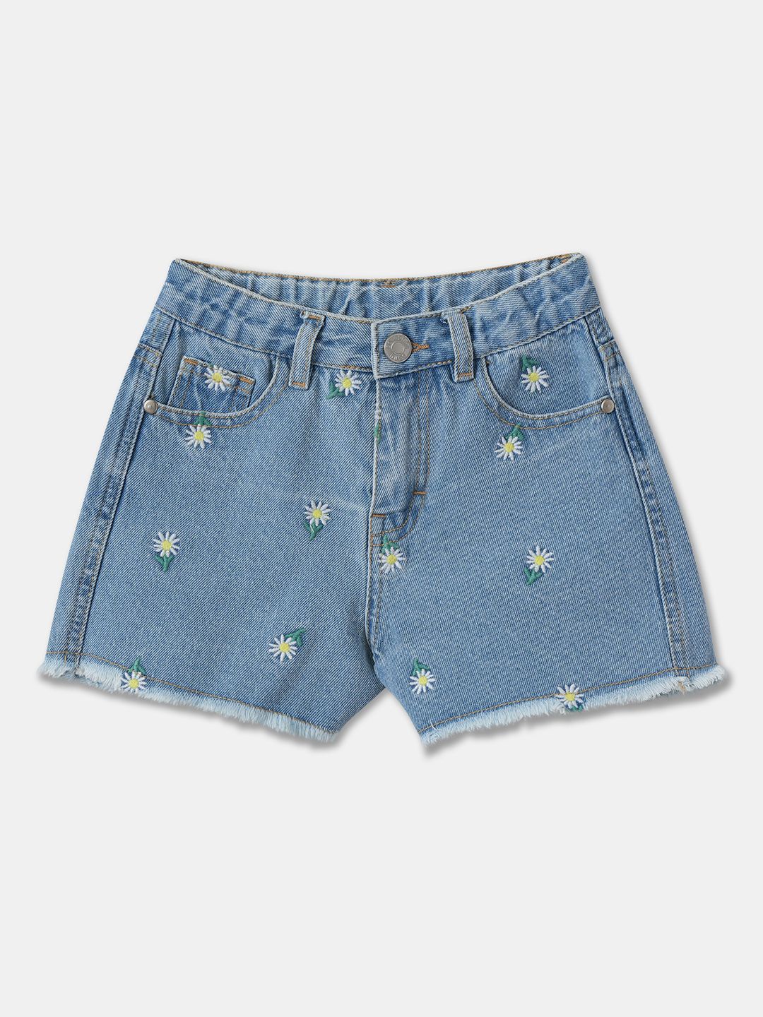 

R&B Girls Floral Embellished Cotton Denim Shorts, Blue