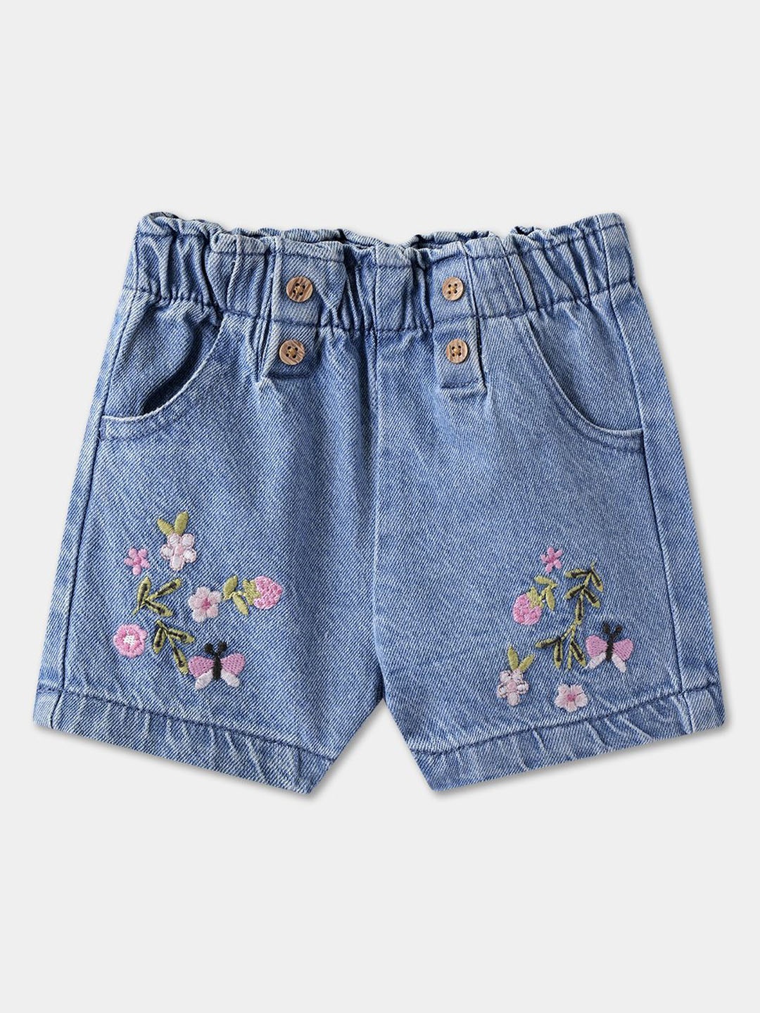 

R&B Girls Embroidered Cotton Denim Shorts, Blue