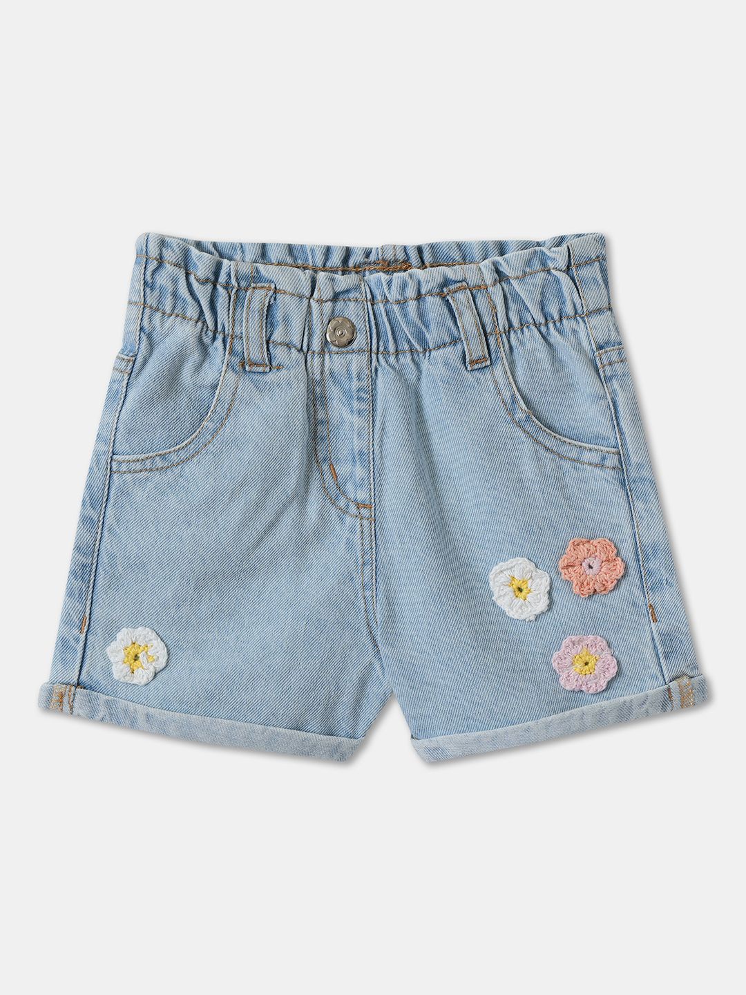 R&B Girls Floral Printed Regular Fit Mid-Rise Cotton Denim Shorts, Blue