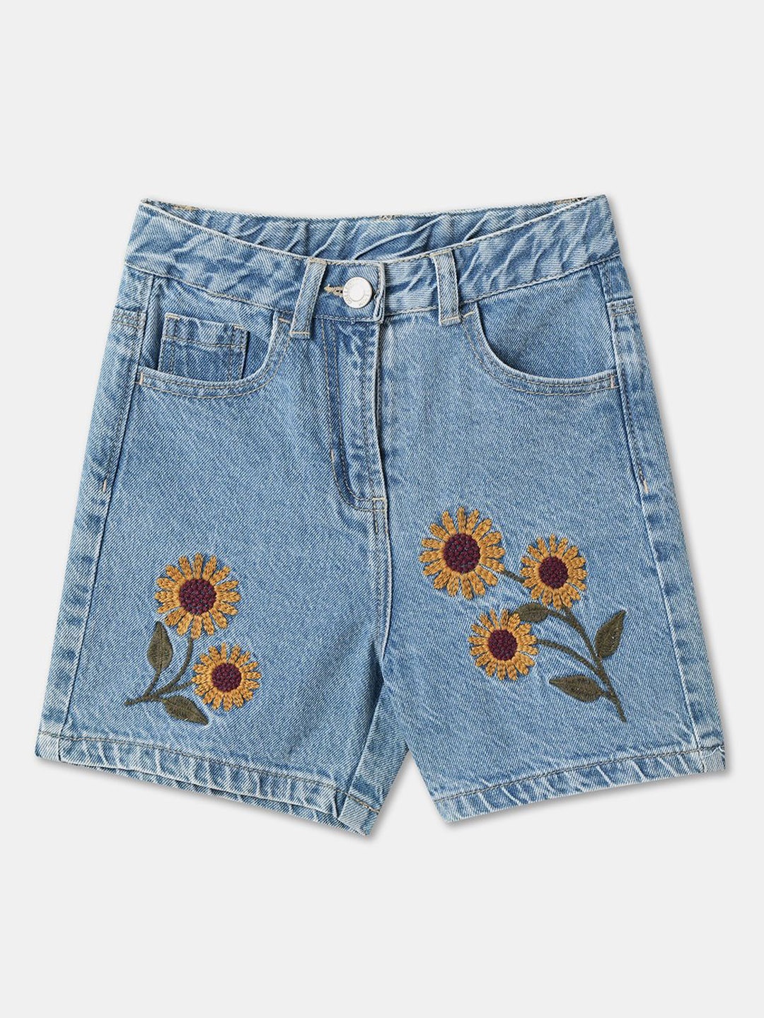 

R&B Girls Floral Embellished Cotton Denim Shorts, Beige