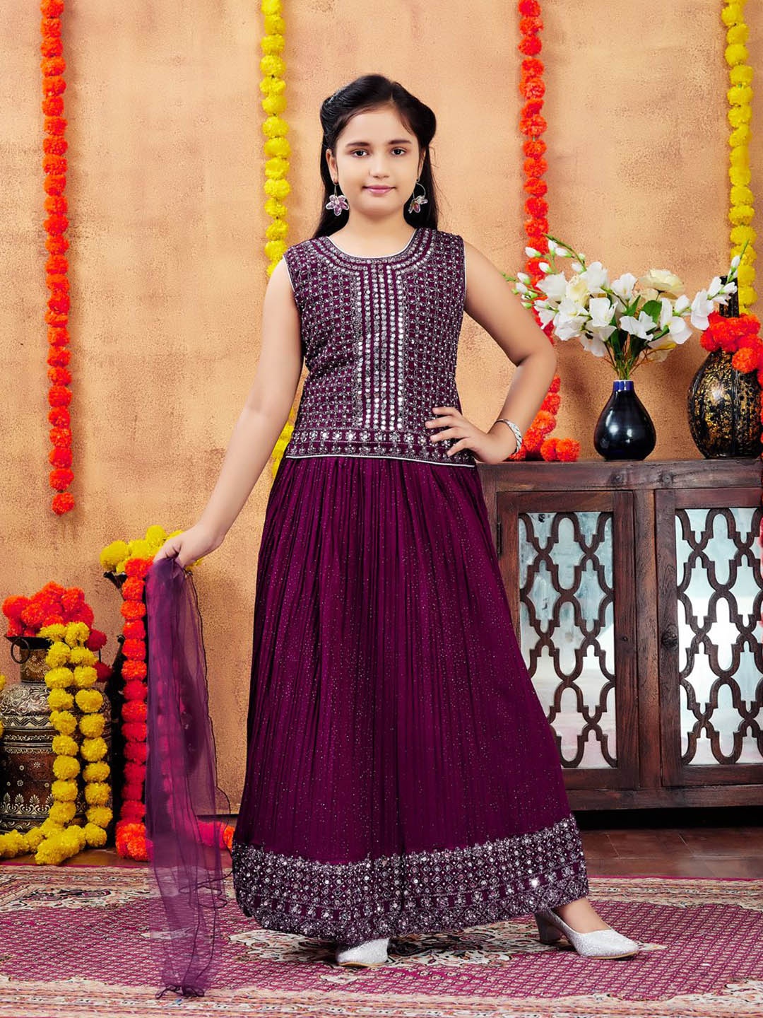 

Aarika Girls Embellished Ready to Wear Lehenga & Blouse With Dupatta, Purple