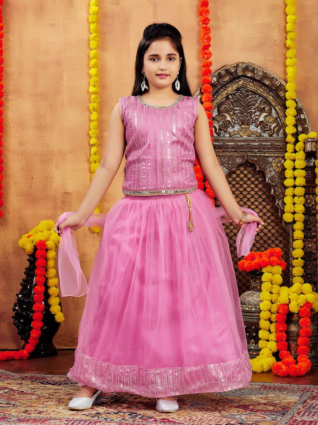 

Aarika Girls Embellished Ready to Wear Lehenga &, Pink
