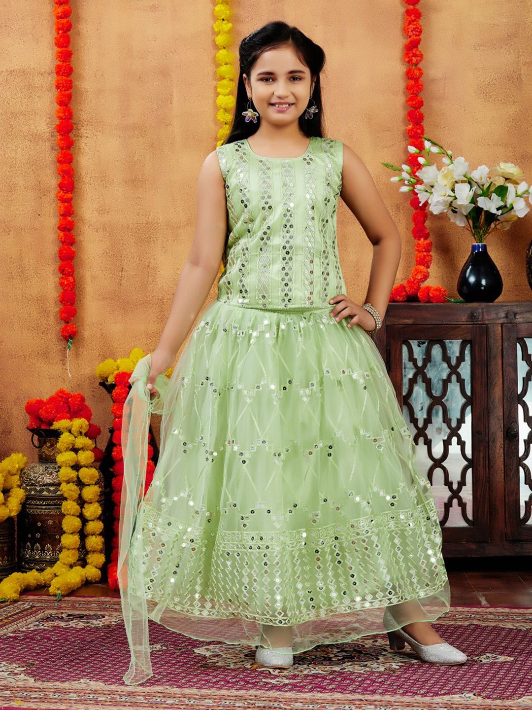 

Aarika Girls Embellished Ready to Wear Lehenga & Blouse With Dupatta, Sea green