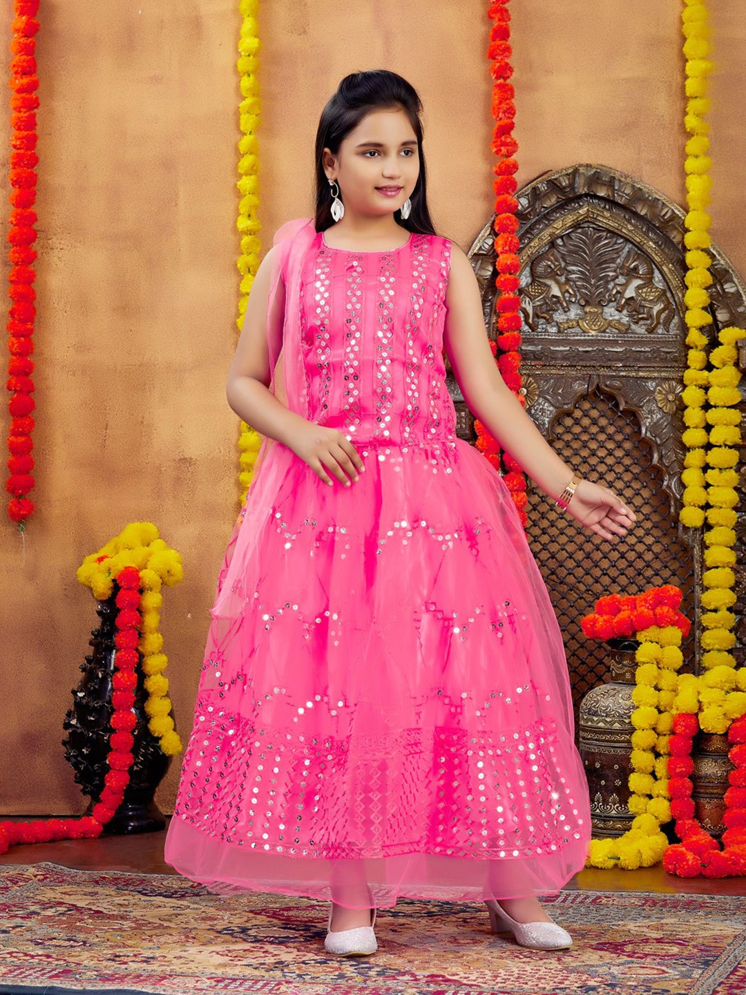 

Aarika Girls Embellished Ready to Wear Lehenga & Blouse With Dupatta, Pink