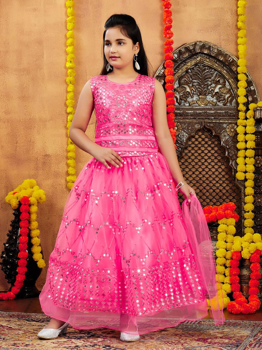 

Aarika Girls Embellished Ready to Wear Lehenga & Blouse With Dupatta, Pink