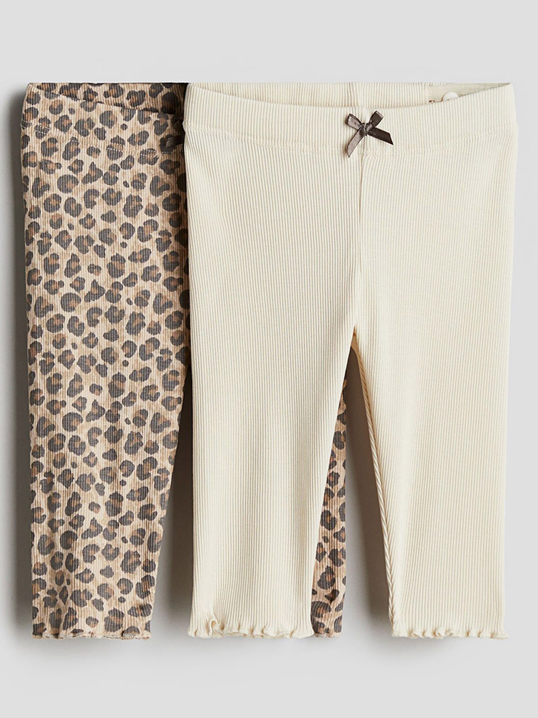 

H&M Girls 2-Pack Ribbed Cotton Leggings, Beige