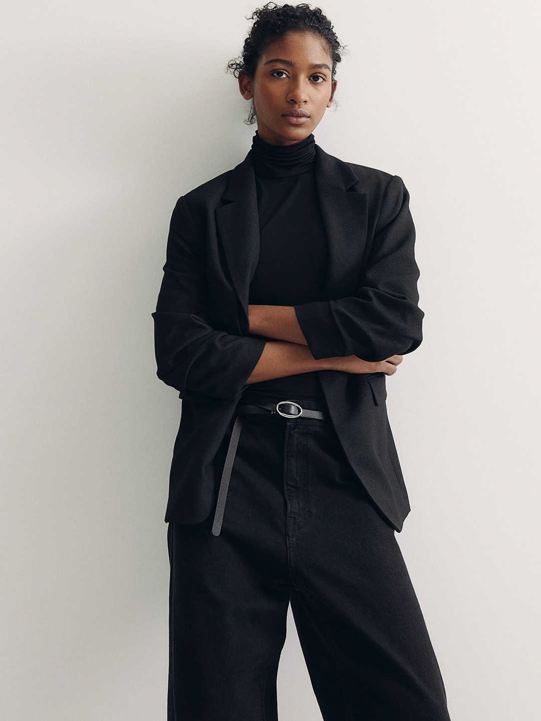 

H&M Gathered-Sleeve Blazer, Black