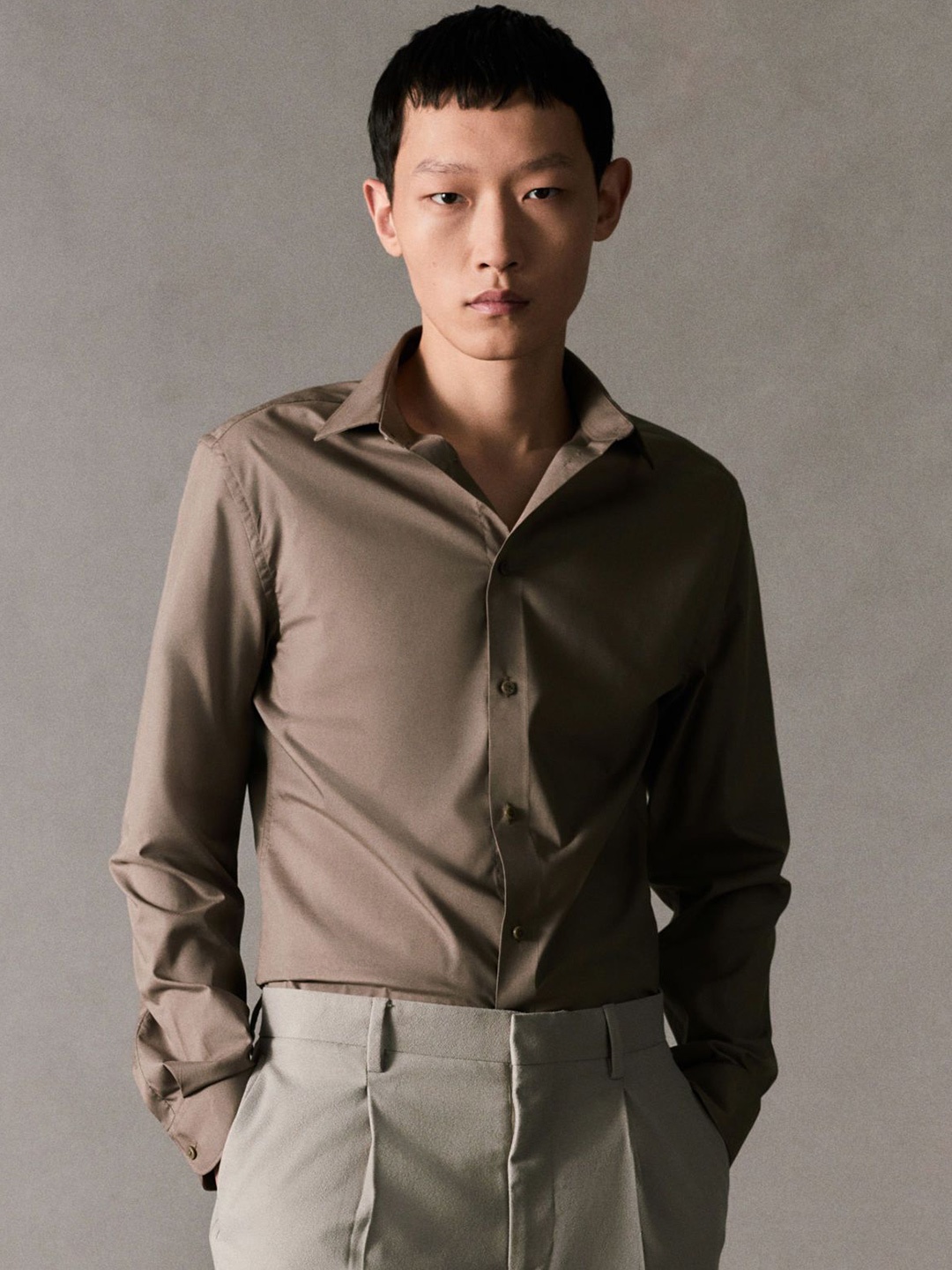 

H&M Slim Fit Easy-Iron Shirt, Beige