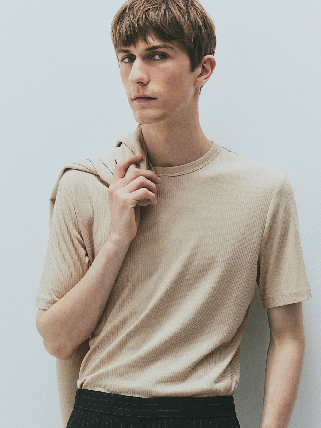 

H&M Slim Fit Ribbed T-shirt, Beige