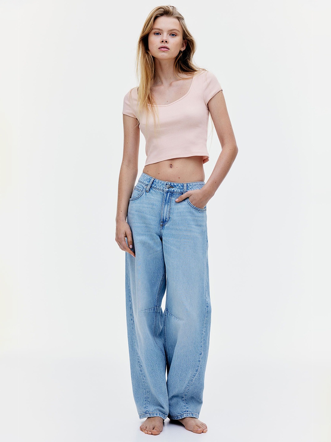 

H&M Ribbed Sweetheart-Neck T-shirt, Pink