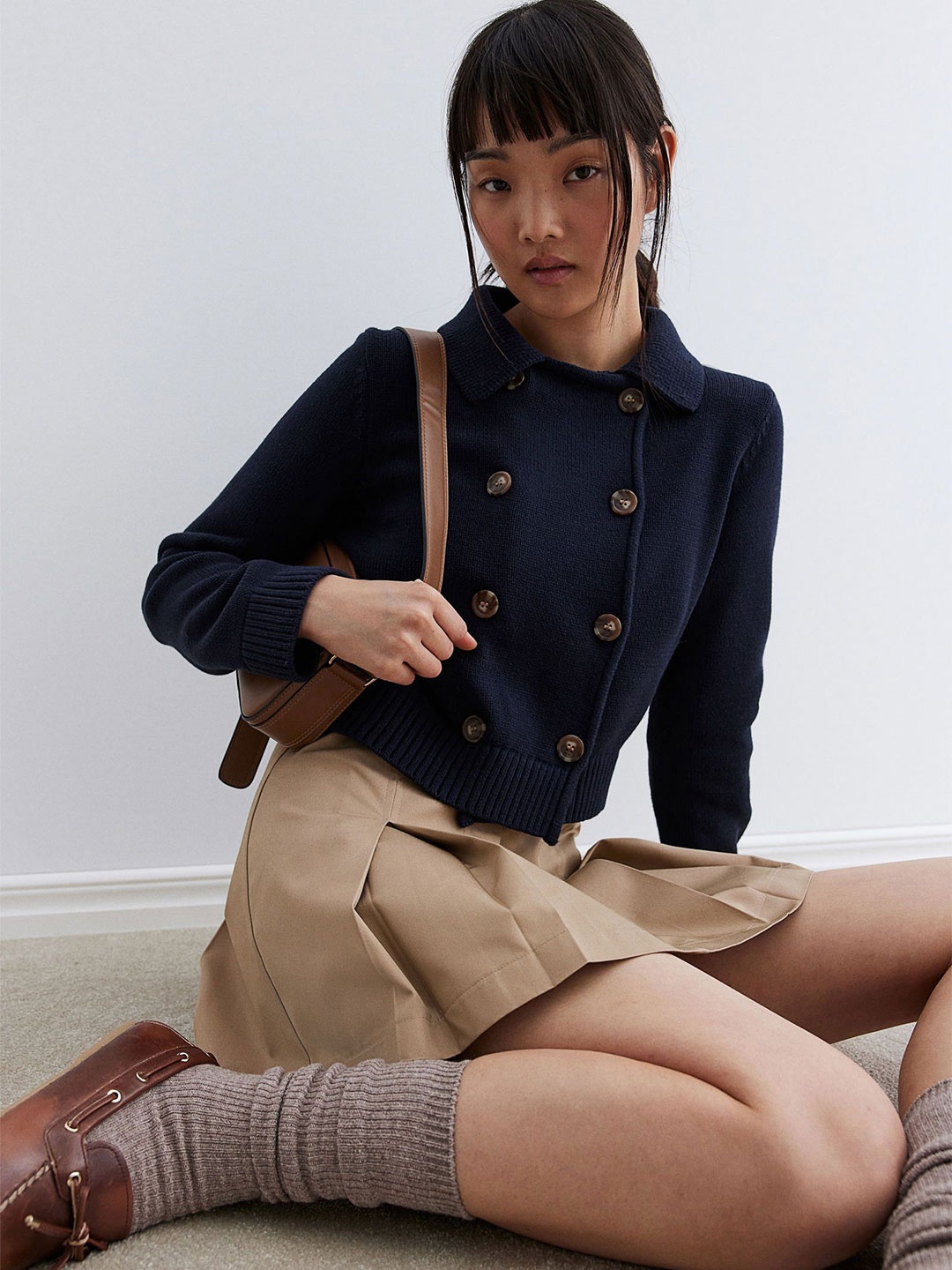 

H&M Fine-Knit Double-Breasted Cardigan, Blue