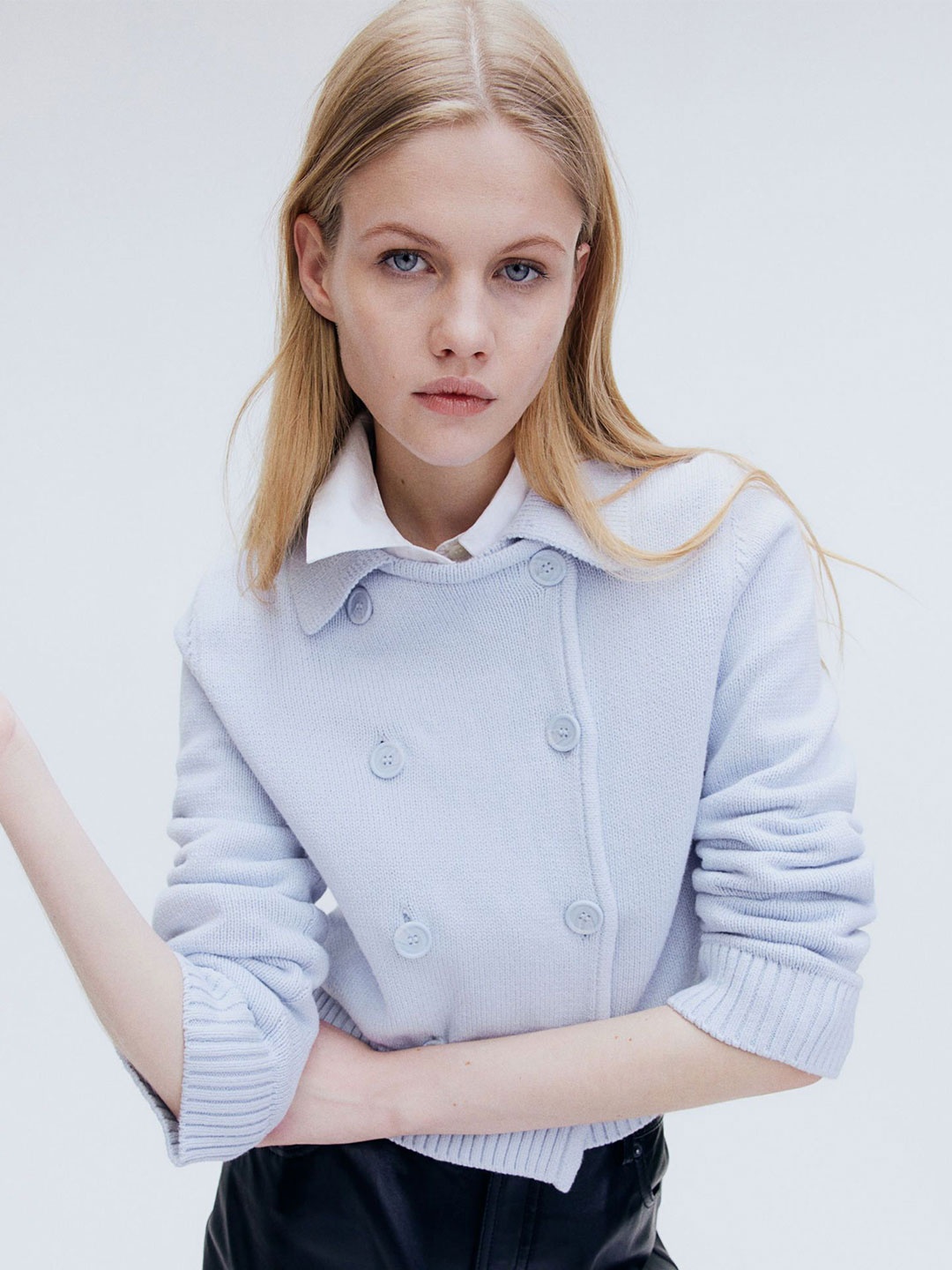 

H&M Fine-Knit Double-Breasted Cardigan, Blue