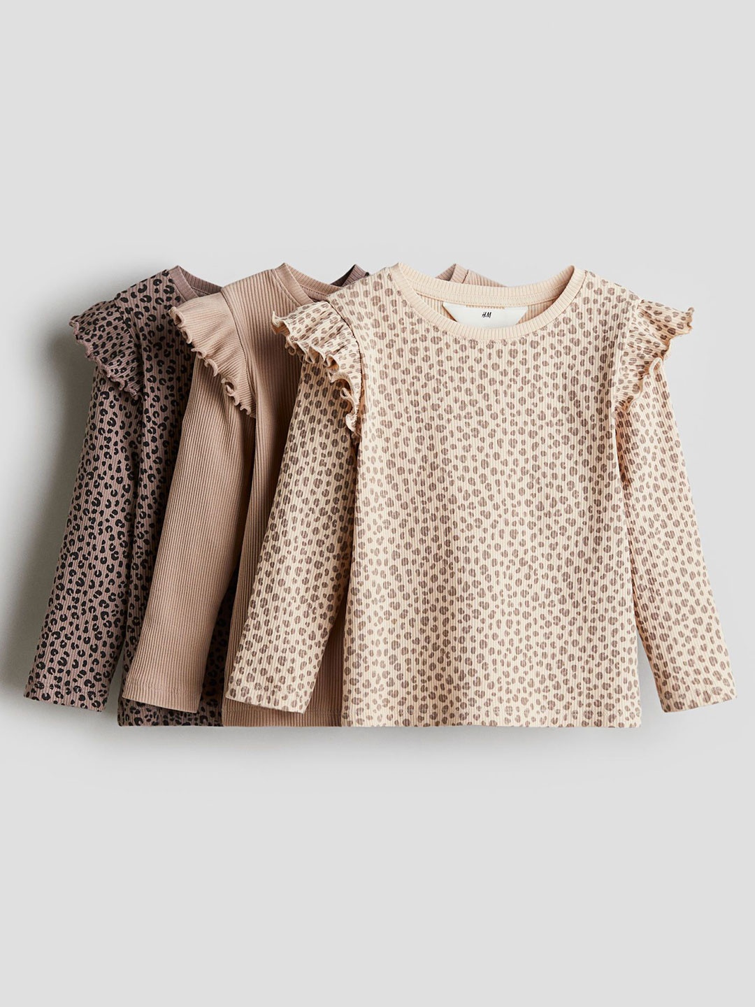 

H&M Girls 3-Pack Frill-Trimmed Jersey Tops, Beige