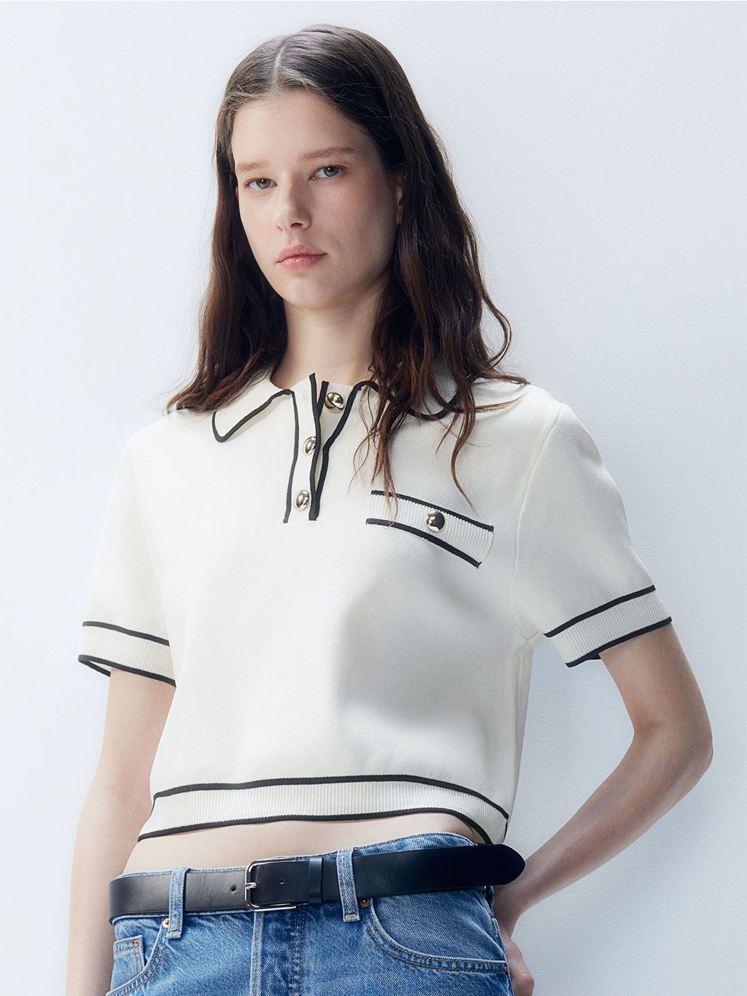 

H&M Collared Knitted Top, White