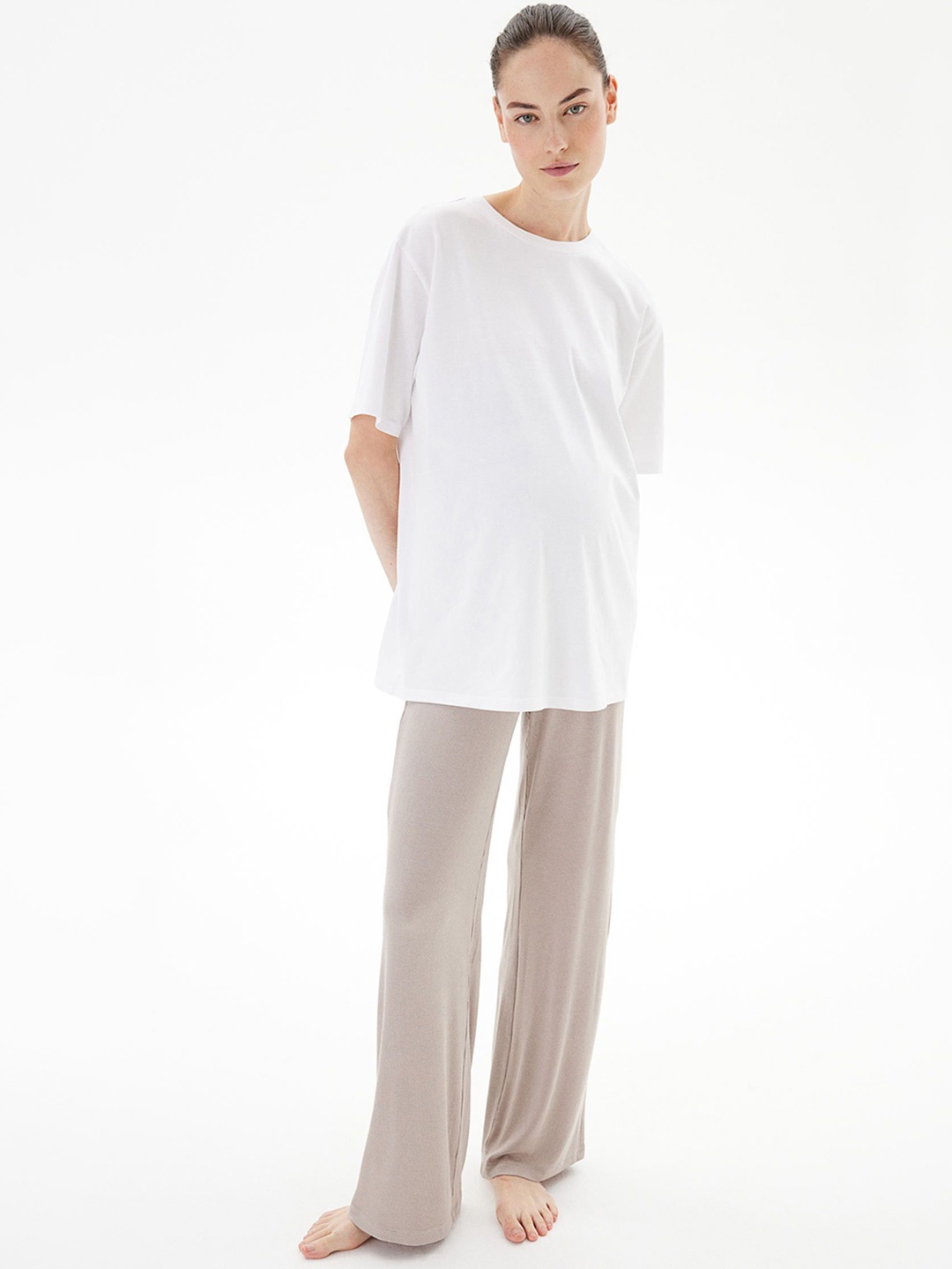 

H&M MAMA Before & After Ribbed Jersey Trousers, Beige